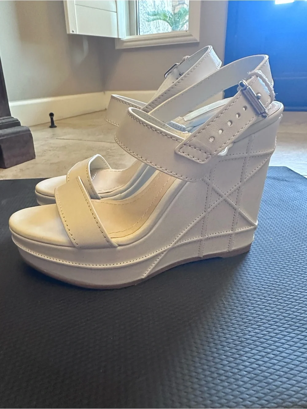 Dior White Leather Wedge Sandals with Ankle Strap Size 38.5